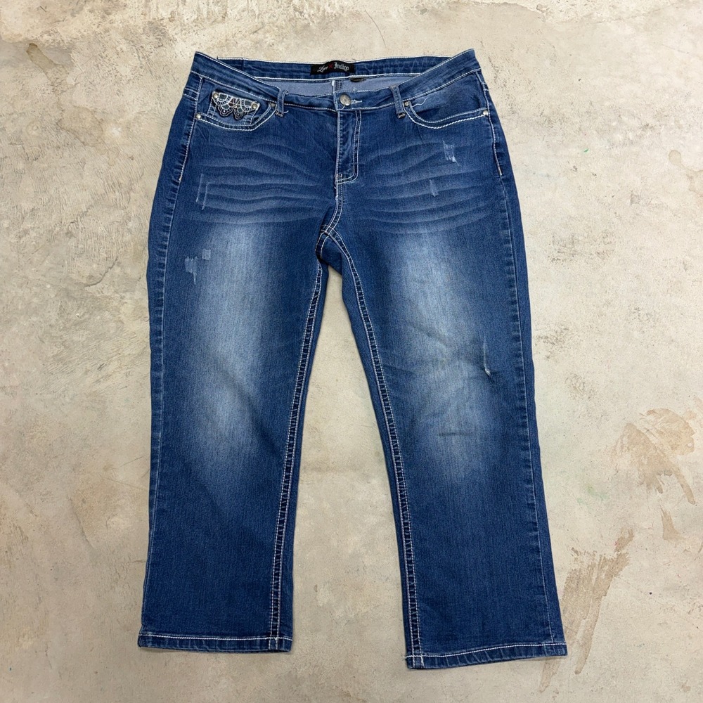 Love Indigo Womens Blue Denim Embellished Pocket Cropped‎ Jeans Size 12